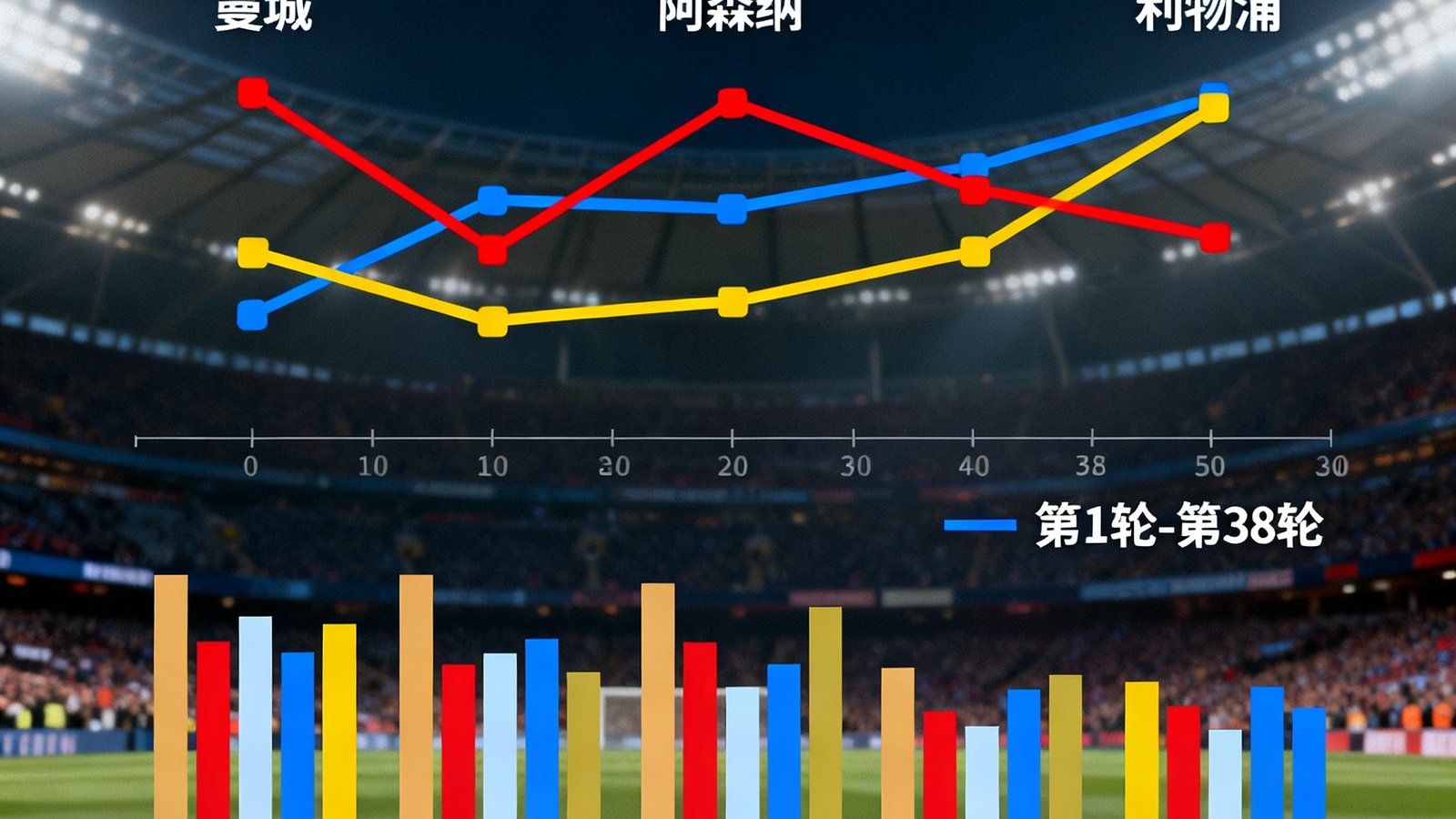 英超积分榜数据可视化图表：三支争冠球队的积分走势折线图重叠对比，下方配有多项数据指标的彩色柱状图，专业数据报告风格